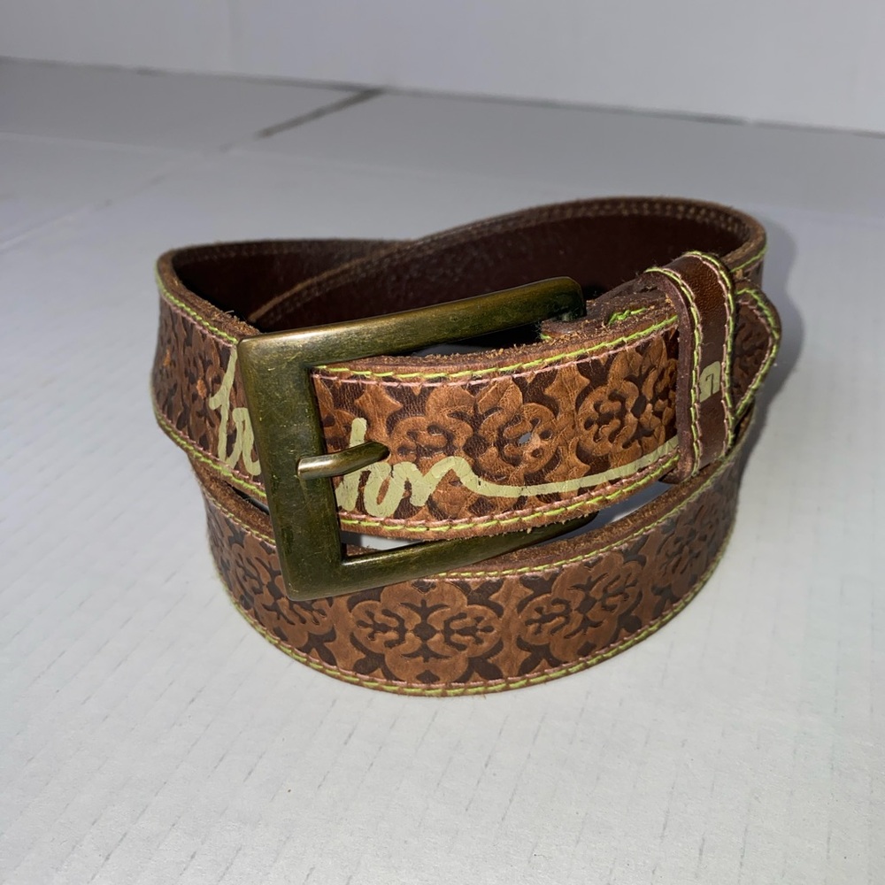 Burton Brown Tooled Belt with Intricate Floral Design and Brass Buckle
